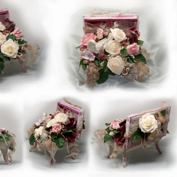 Shabby Chic Floral Arrangement in Upcycled Jewelry Box, Bird. Roses, Faux pearls